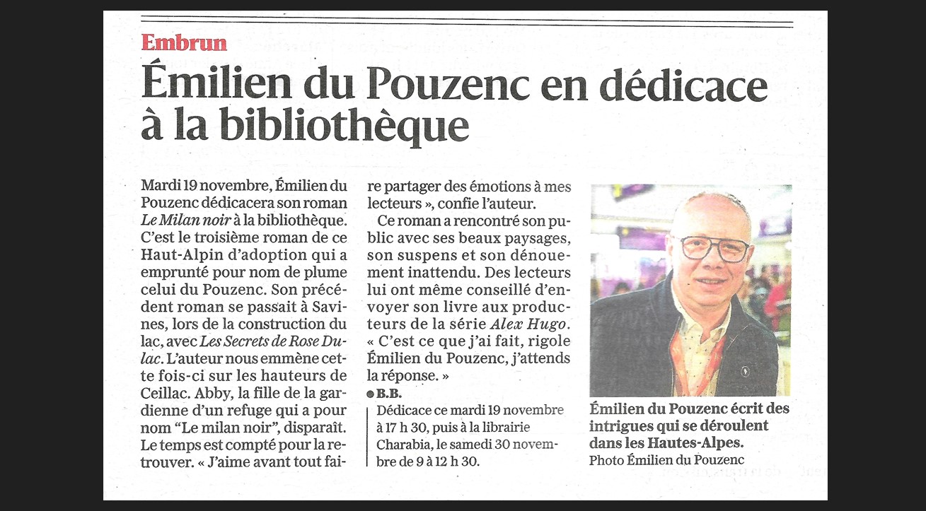 Deux nouvelles dates de dédicaces à Embrun : mardi 19 novembre à 17h30 à la bibliothèque municipale et samedi 30 novembre de 9h à 12h30 à la librairie Charabia !